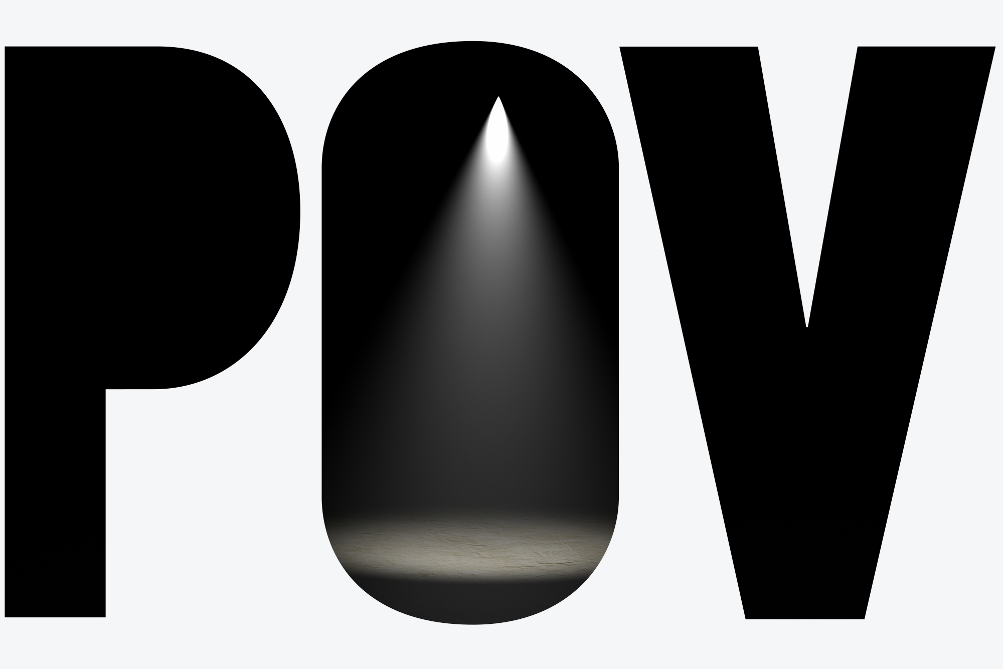Photo of stage light shining directly down onto a stage in a completely dark room. Overlay reads "POV"