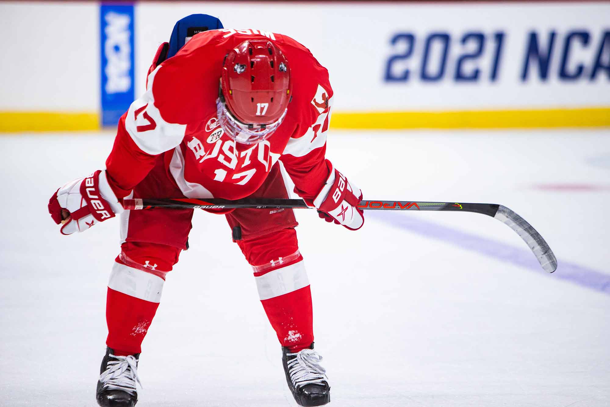 BU Terriers men's hockey player Jake Wise rests during the NCAA regional semi-final game against St Cloud State