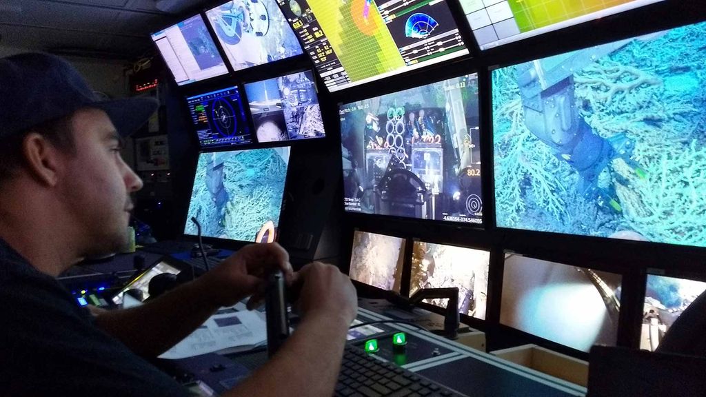 ROV pilot Adam Whetmore flies the submersible SuBastian in front of a wall of screens in a cockpit onboard the R/V Falkor .