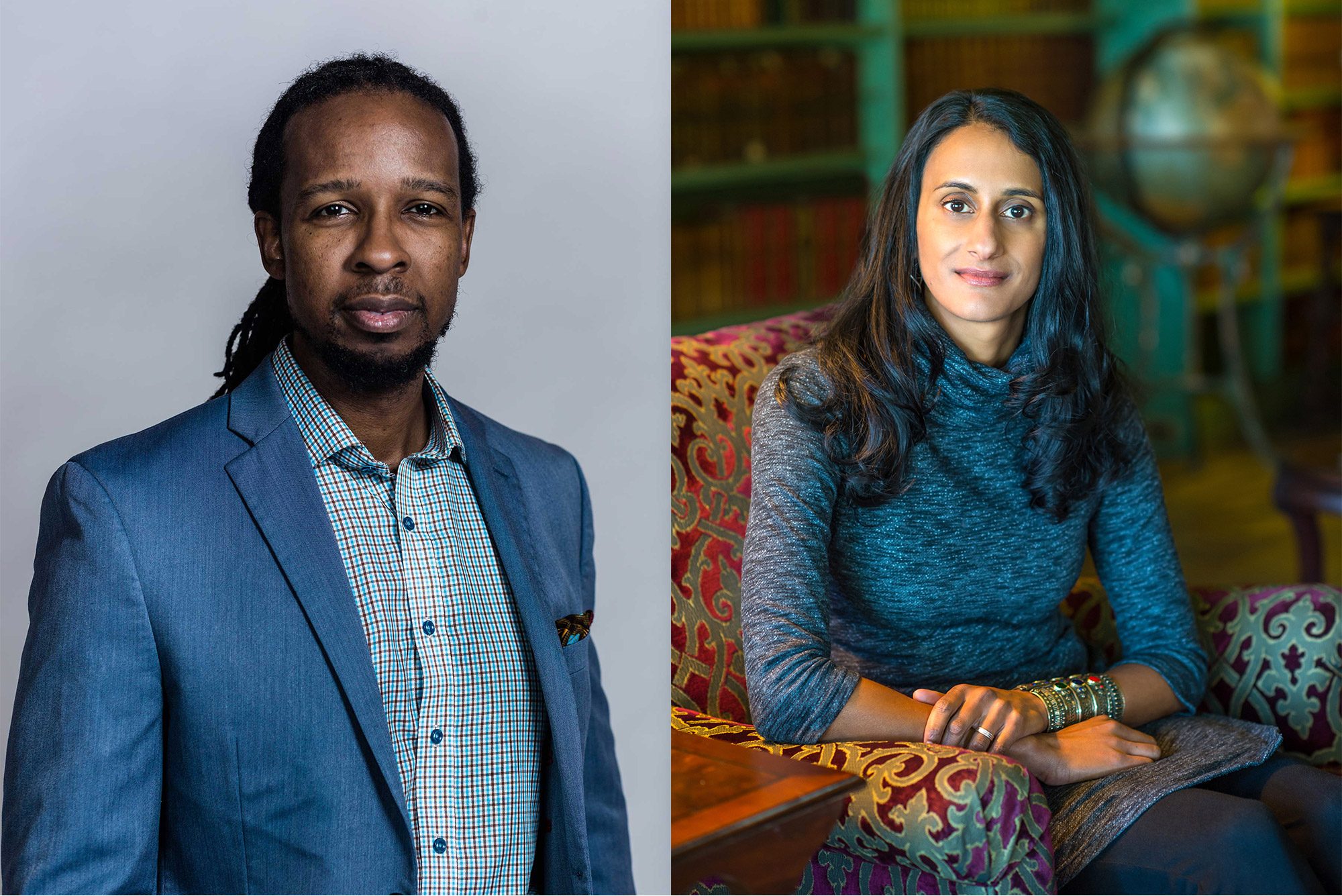 Headshots of Ibram X Kendi and Bina Venkataraman