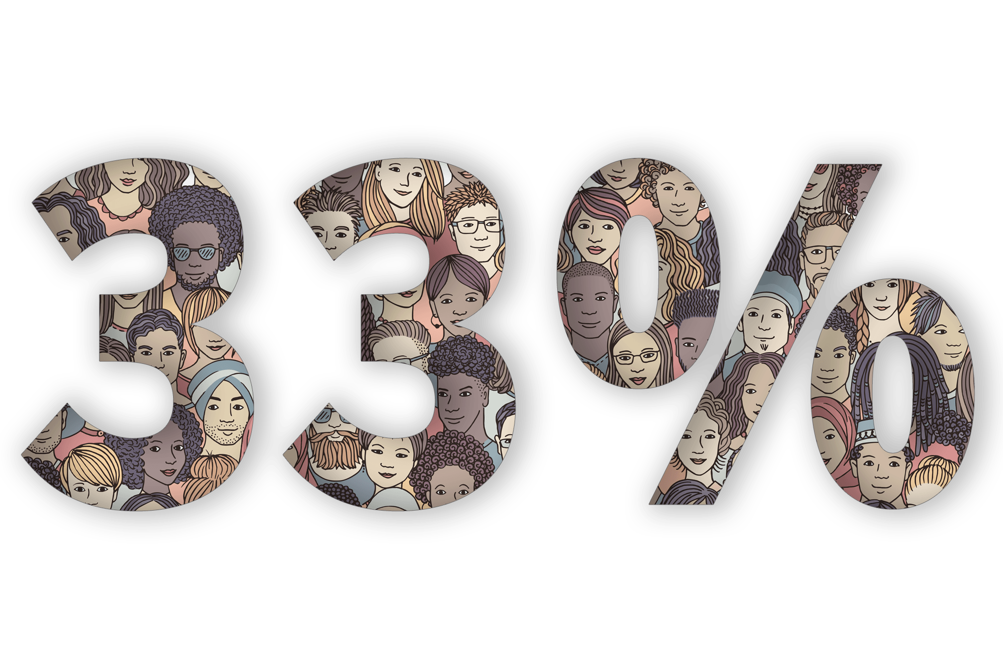 Trype treatment graphic featuring the figure '33%' in large type. The inside of the characters are filled with an illustrated diverse group of peoples.