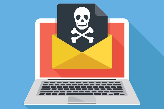 Illustration of a laptop with an envelope coming out of it that contains a document with a skull and cross bones on it