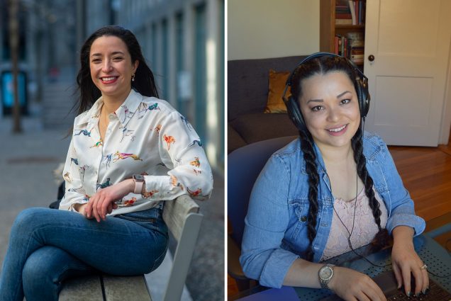 Composite image of Vitamin PhD podcast hosts. At left, Khadija El Karfi, sits on a bench in jeans and a pattern blouse. At right, Kiloni Quiles-Franco, wears headphone and appears to be working on her computer inside her home.