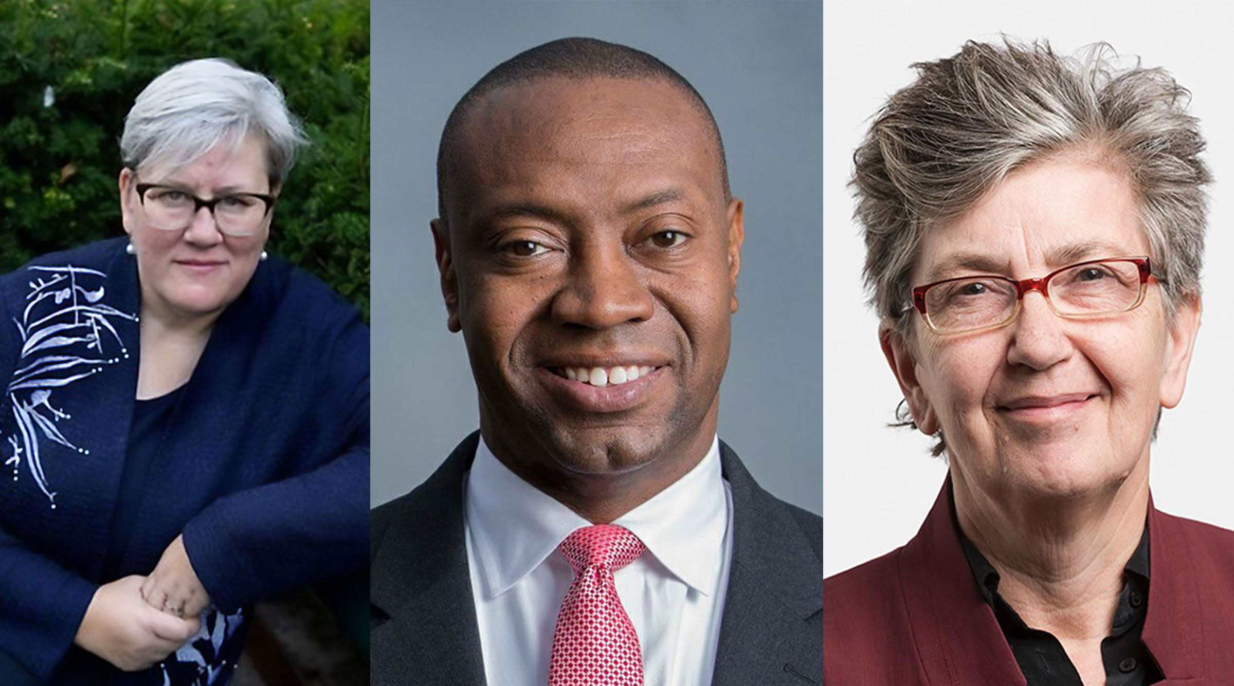 Composite photo of headshots of Rachel Kyte, Tufts University Fletcher School (from left); Marshall Shepherd, University of Georgia; and Madeleine Thomson, Wellcome Trust Our Health, Our Planet.