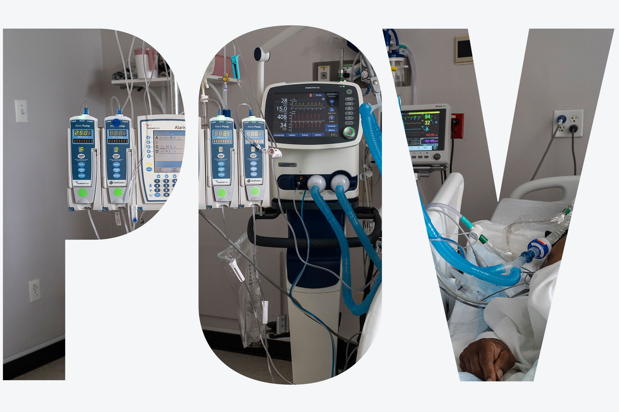 Photo of a hospital room in which a person, seen, partially, laying in a hospital bed on the right, hooked up to a ventilator on the left. Many tubes spill over from the machine towards the person. Photo was taken July 2, 2020 in HOUSTON, TX. Overlay reads "POV"