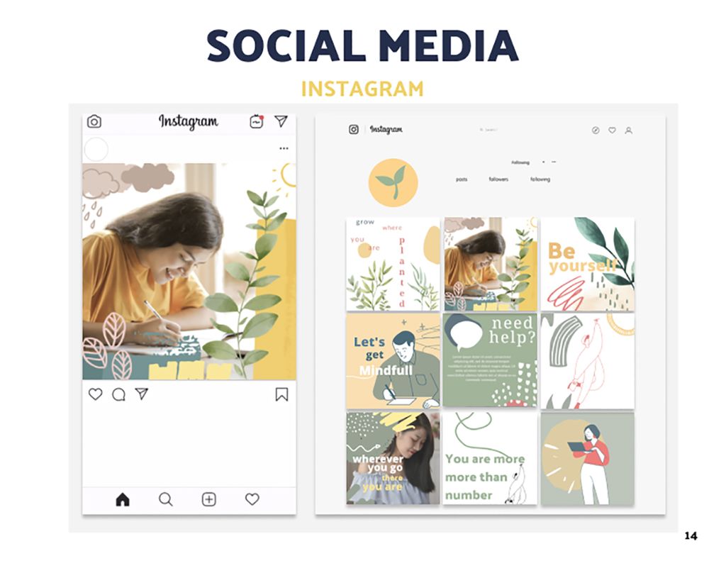 Screenshot of a sample of social media imagery created by a FORGE Labs team. The slide says “Social Media, instagram” at the top and shows an image of a young woman drawing with a floral plant design overlaid. On the right is an instagram grid with several posts about mindfulness.