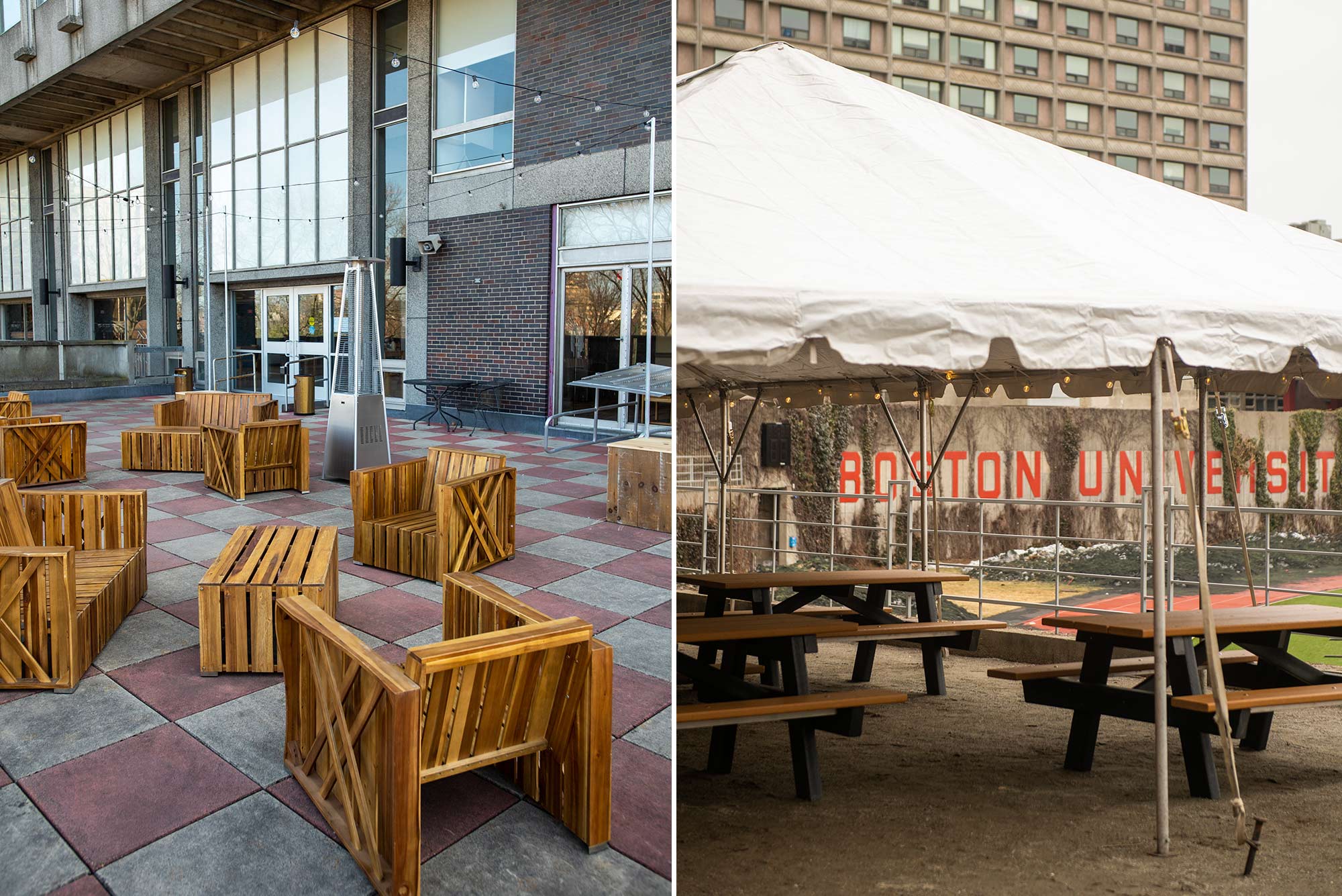 Composite image of two Outdoor Villages setup by the university this spring as outdoor community spaces. At left, an Outdoor Village setup at the GSU terrace has wooden chairs and tables. At right, a tent is set up at the grotto on West Campus; the Boston University sign on Nickerson Field is seen in the background.