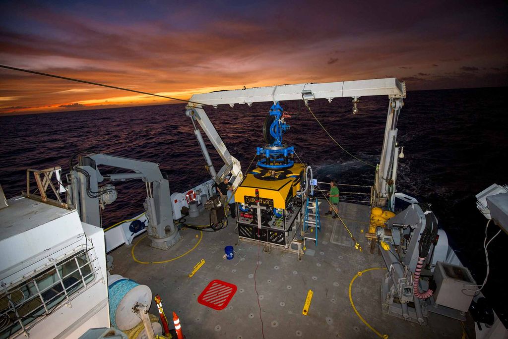 View of ROV submersible SuBastian on the deck of R/V Falkor at sunset, Phoenix Islands Protected Area