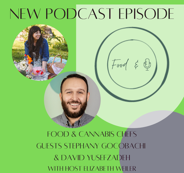 Flier for an episode of Food &, the Gastronomy Program’s podcast. The flier is bright green, with two headshots in circles, the top one is of Stephany Gocobachi who wears a dress and sits amidst a tea party, and the bottom one is of David Yusefzadeh, who has a bear and wears a gray shirt. The flier reads “new podcast episode: Food &. Food & Cannabis Chefs, guests Stephany Gocobachi and David Yusefzadeh with Host Elizabeth Weiler.”