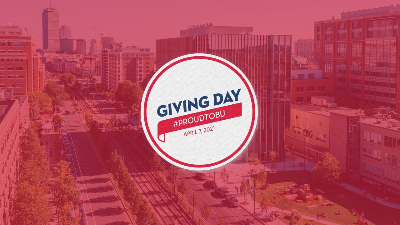 Boston University Giving Day logo overlayed on an aerial photo of central BU campus. Logo text says 'Giving Day #ProudToBU April 7, 2021'