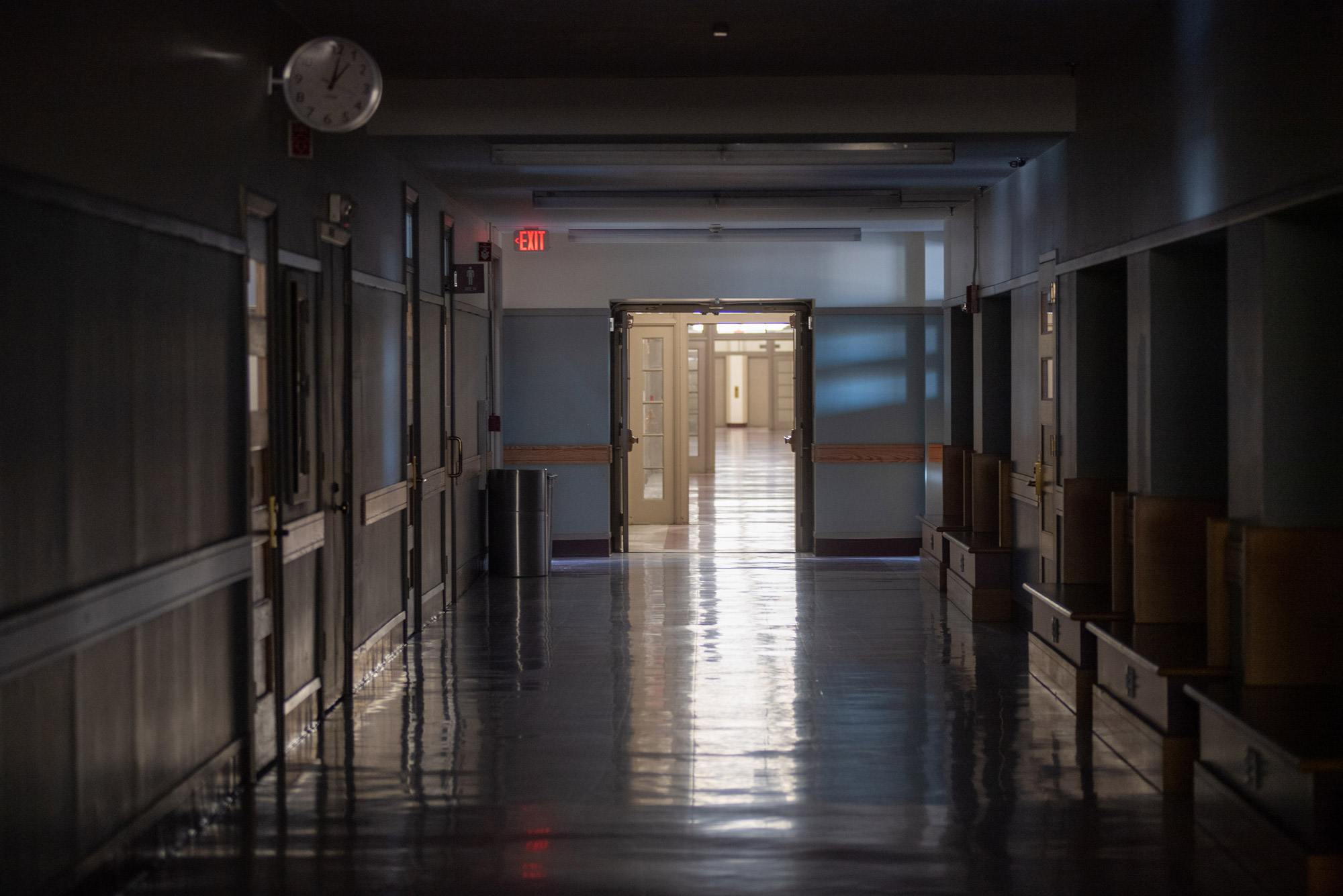 A photo of a dark hallway in the College of Arts and Sciences