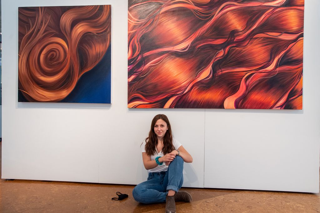 Kaitlyn Malinowski (CFA’21) has two works in the show, Spiral and an untitled painting she nicknamed “Big Pink.”