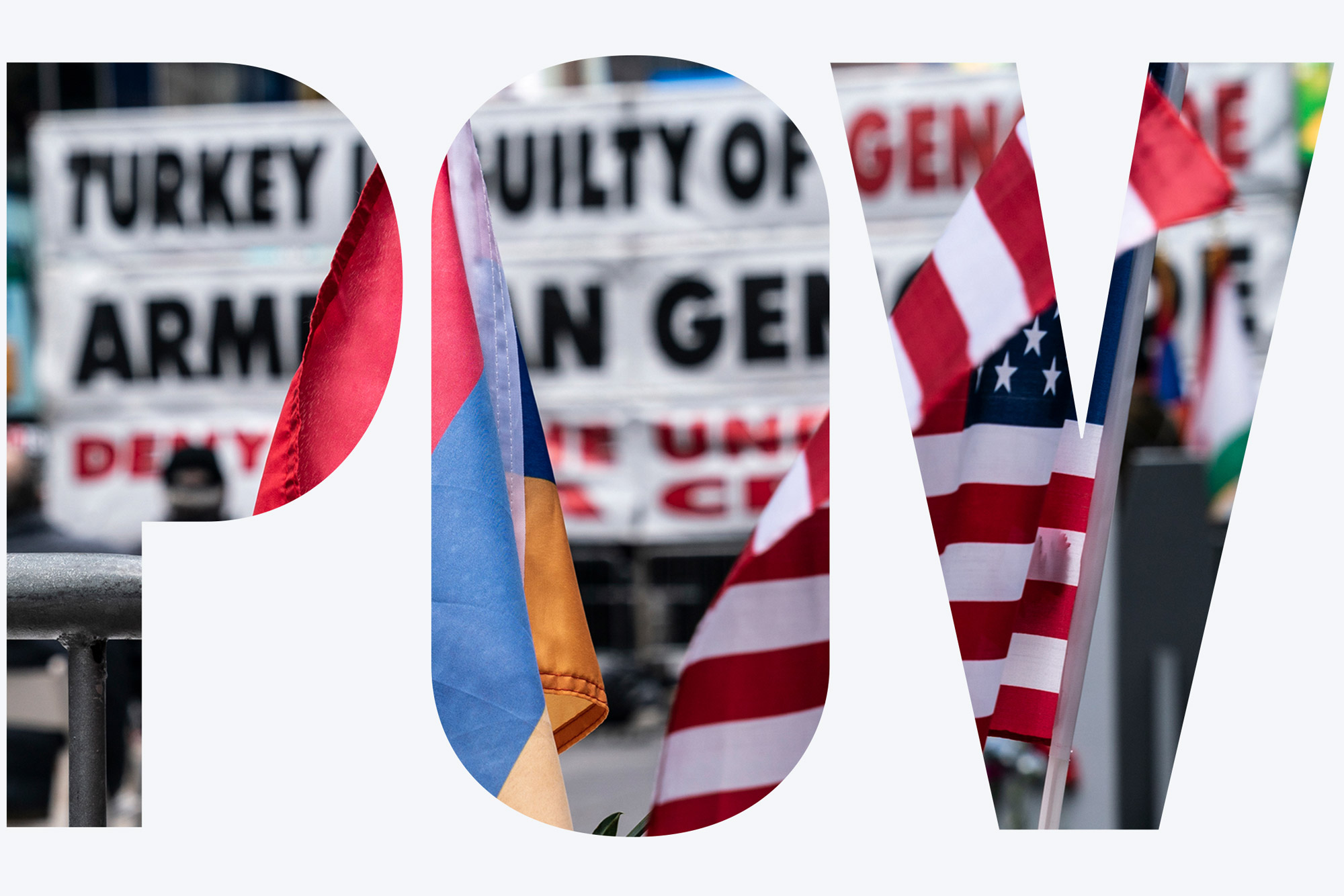 A photo of the Armenian and American flags at a rally commemorating the anniversary of the Armenian genocide. A white overlay reads "POV"