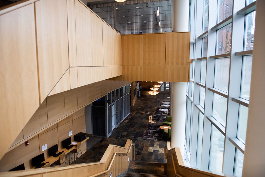 A photo of the empty student center at the Fenway Campus