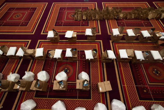 A photo of quarantine kits lined up on the floor of the George Sherman Union