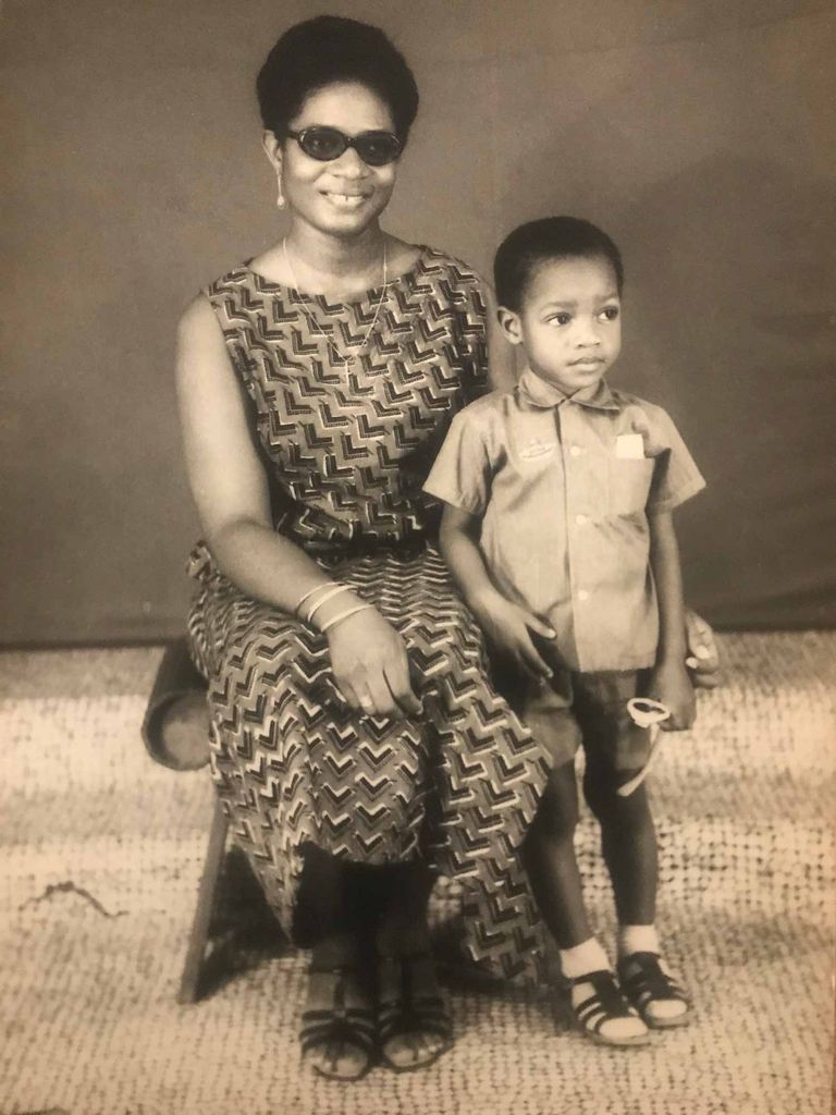 Childhood portrait of Louis Chude-Sokei with mother Shirley Patricia Chude-Sokei, at the end of their time in a refugee camp in Gabon.