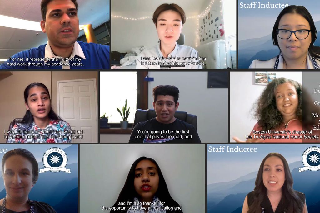 Composite photo of screenshots taken during the induction ceremony, from left to right, top row to bottom  First row, left to right Gino Ibanez (LAW ’21), Joon Shin (Wheelock College of Education & Human Development, ’22), Kelly Nguyen-Williams, program administrator, enrollment and student administration, office of the vice president. Second row, l-r : Nicola Mohan (SSW, master’s degree, ’21), Hector Grande (ENG, ’25), Starr Desmmond, (CFA ’21, master’s degree)  Third row, l-r: Christina Michaud, master lecturer, CAS writing program.