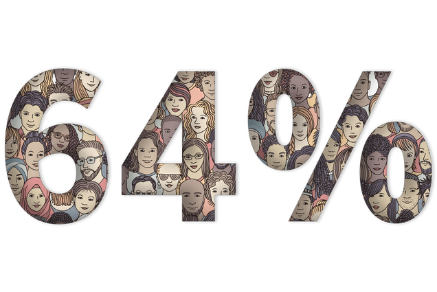Type treatment graphic featuring the figure '64%' in large type. The inside of the characters are filled with an illustrated diverse group of peoples.