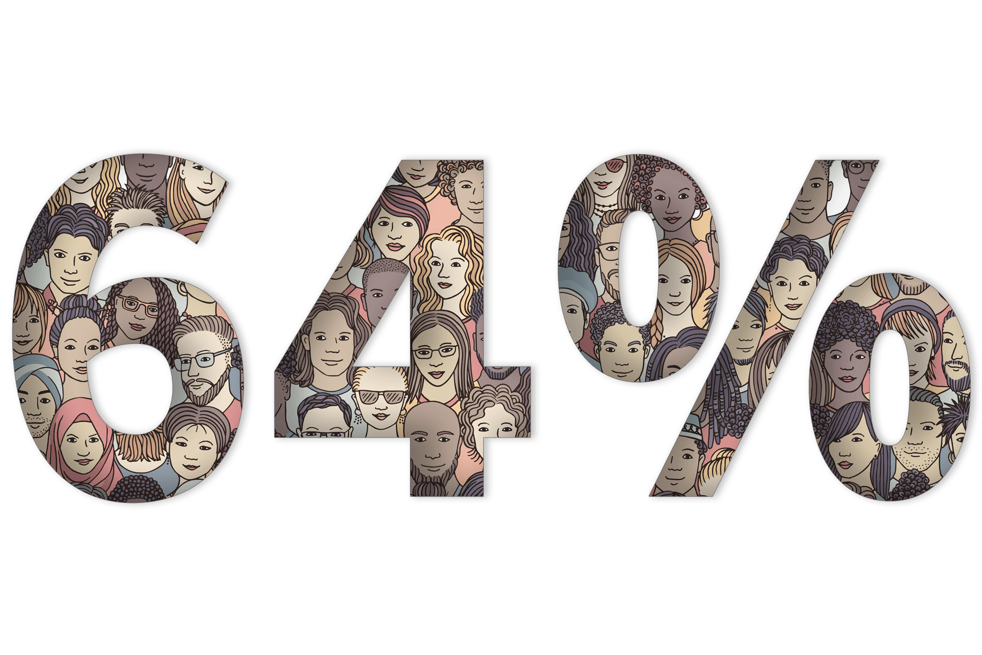 Type treatment graphic featuring the figure '64%' in large type. The inside of the characters are filled with an illustrated diverse group of peoples.