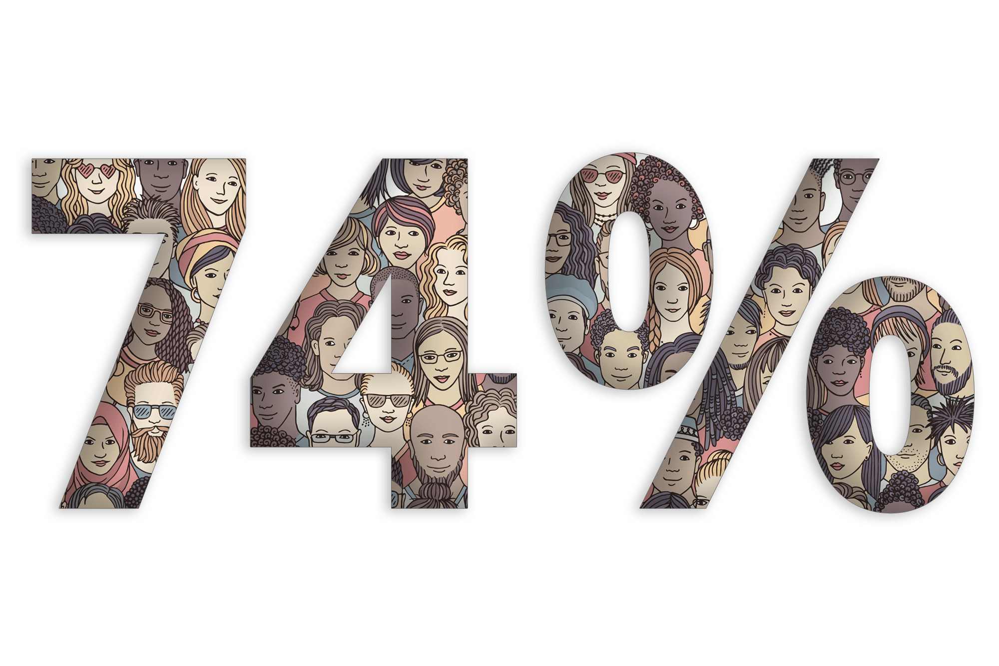 Type treatment graphic featuring the figure '74%' in large type. The inside of the characters are filled with an illustrated diverse group of peoples.
