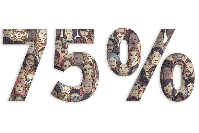 Type treatment graphic featuring the figure '75%' in large type. The inside of the characters are filled with an illustrated diverse group of peoples.