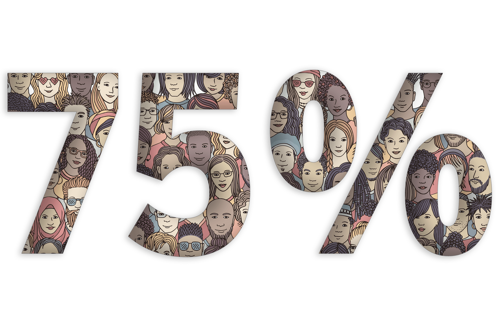 Type treatment graphic featuring the figure '75%' in large type. The inside of the characters are filled with an illustrated diverse group of peoples.