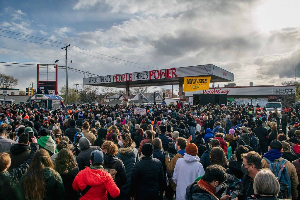 People gather in George Floyd Square following the verdict in the Derek Chauvin trial on April 20, 2021 in Minneapolis, Minnesota.