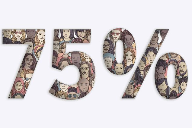 Type treatment graphic featuring the figure '75%' in large type. The inside of the characters are filled with an illustrated diverse group of peoples.