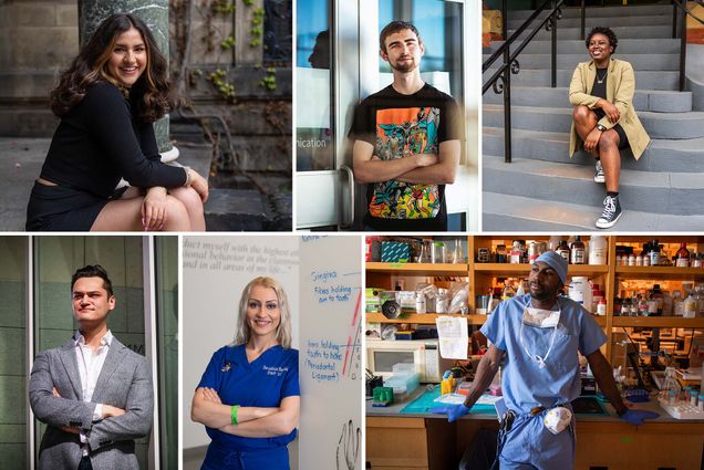 Composite image of six first gen students, from top left clockwise: Tima Dasouki (Pardee’22), Richard Boylan (COM’22), Cheyenne Bailey (SPH ’21), Eduardo Gonzalez (LAW, 2021), Ana-Gabriele Benghiac (MED’22), and Chinamere Igwebuike, (MED'2022)