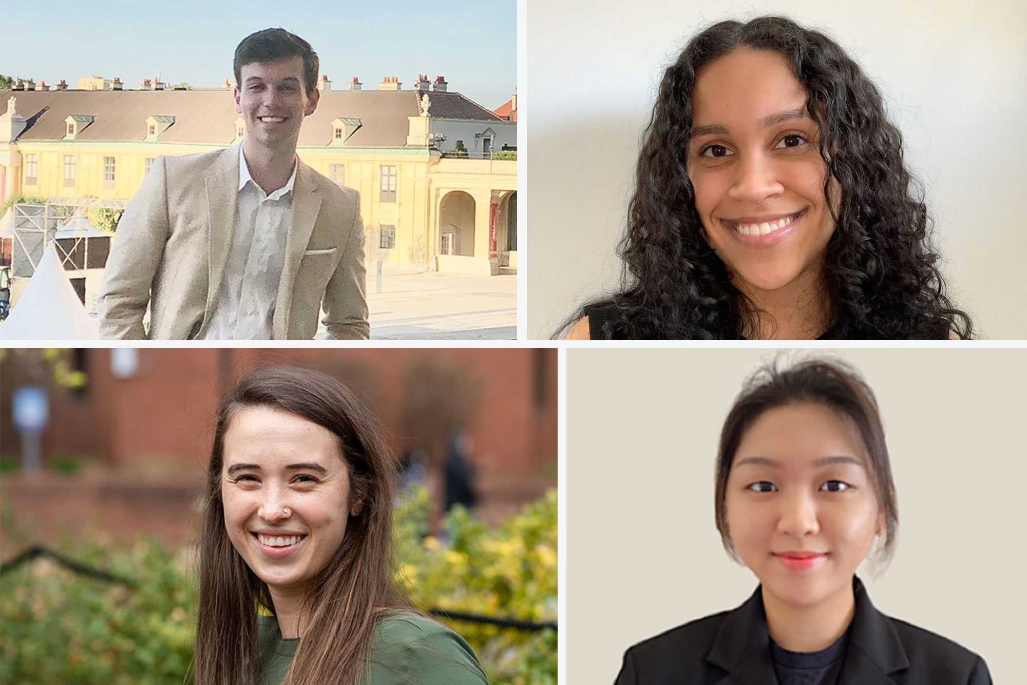 Composite image of headshots of, starting top left and moving clockwise, Eliot Usherenko, Marielis Rosa, Manisha Cole and Jenny (Hyo Jin) Shin (SPH’21).