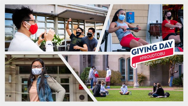 Photo collage showing 4 photos: 3 students taking photo outside of a Boston University residence hall, Two women working out on rowing machines; Portrait of an Asian student in front of a BU residence hall; Students hanging out on BU Beach. The Giving Day logo is overlayed on the collage and says, 'Giving Day #ProudToBU April 7, 2021.'