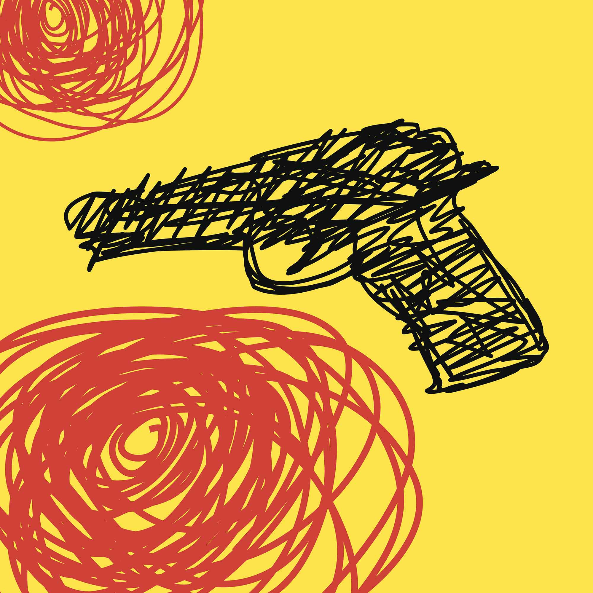 Illustration of a handgun and pools of red blood scribbled in marker