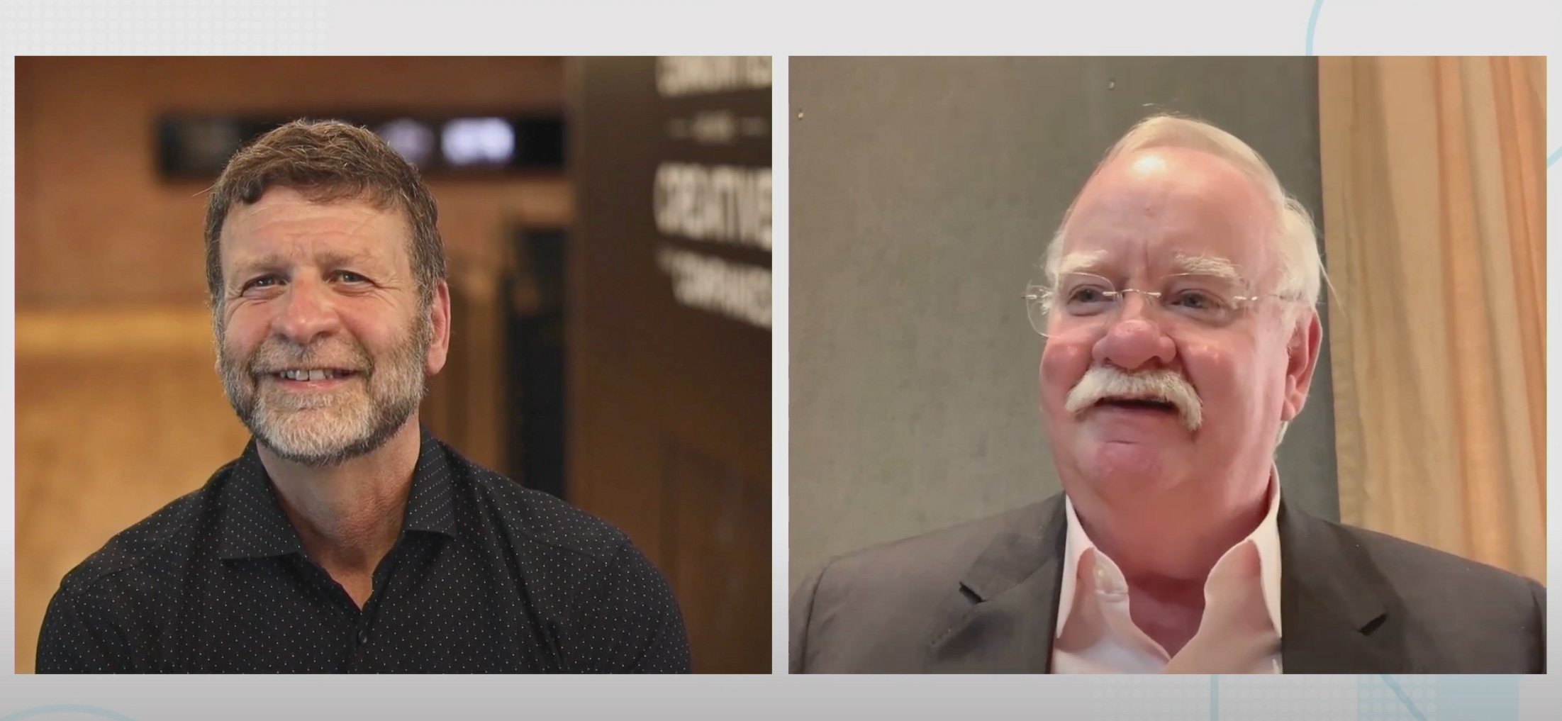 Screenshot of Paul Cormier, Red Hat president and CEO, left, and BU President Robert A. Brown discussing the potential rewards of the extended partnership in a Zoom meeting. Both men smile and look towards the camera.