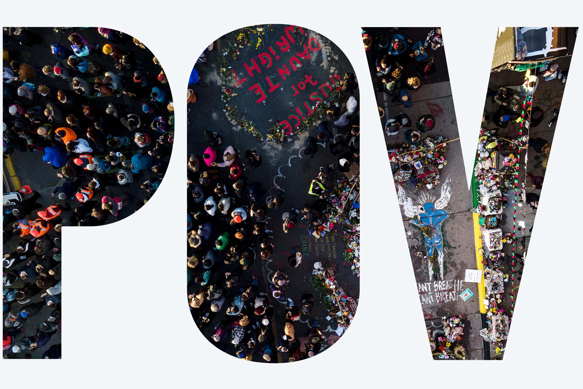 Aerial photo of a crowding gathers next to the spot where George Floyd was murdered at George Floyd Square after a guilty verdict was announced at the trial of former Minneapolis police Officer Derek Chauvin. In the photo, many people are seen from above, as well as a mural painted on the ground that says “I Can’t Breathe, I Can’t Breathe” below a blue painting of Floyd as an angel. At the top, painting on the street reads “Justice for Daunte Wright." Overlay reads "POV"