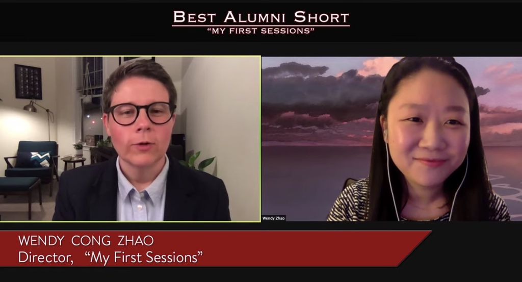 Screenshot from the Redstones award ceremony, in which Maura Smith, a COM film and television master lecturer, speaks with Wendy Cong Zhao (CFA’11, COM’11) about her New Yorker–produced short, My First Sessions. 