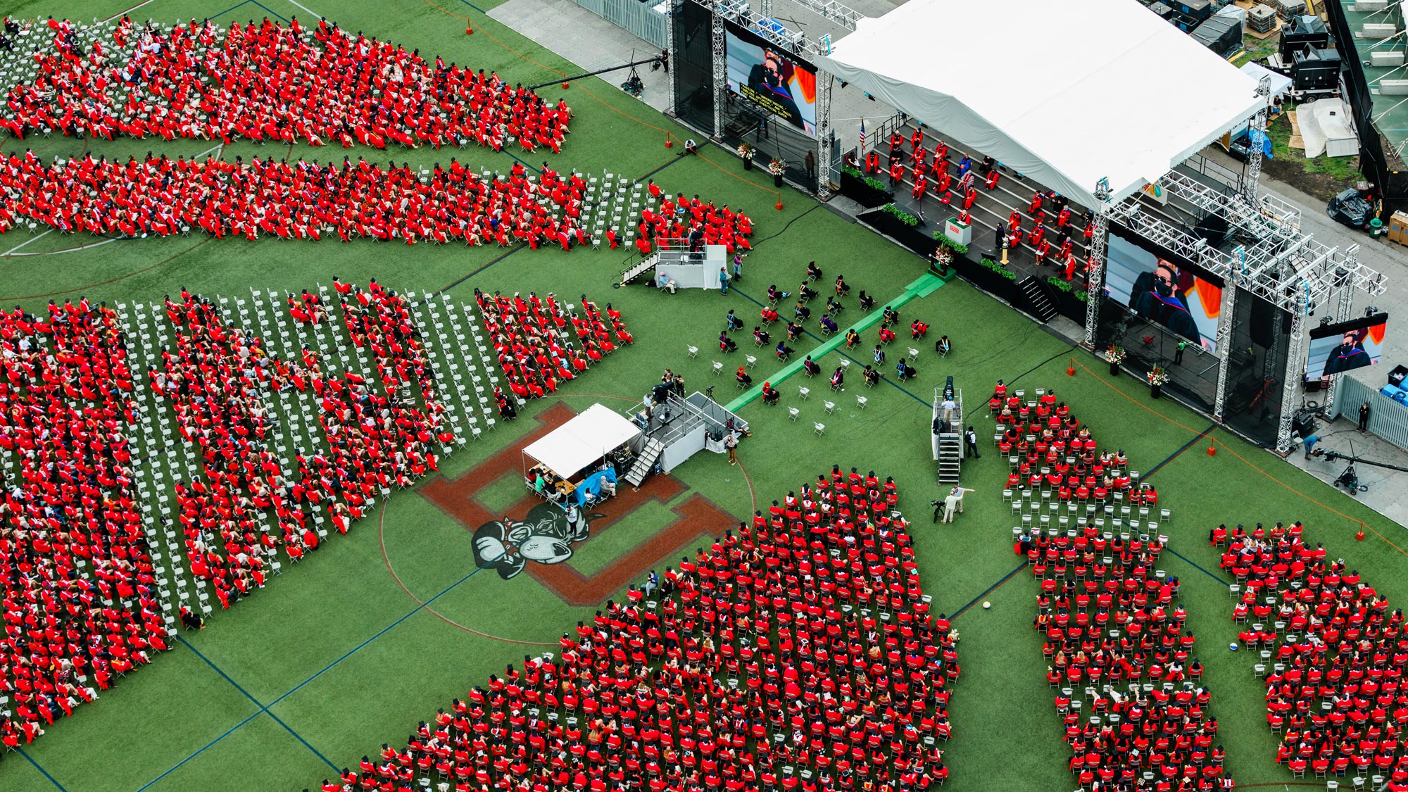 A photo of Nickerson Field from above during commencement