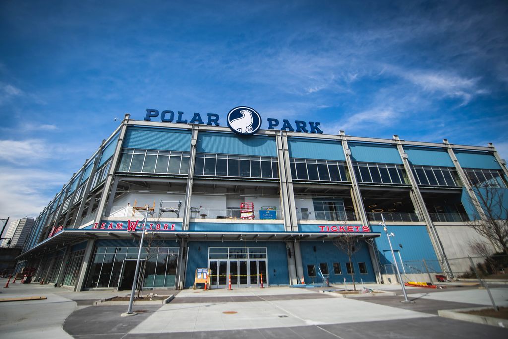 A photo of the facade of Polar Park. Signage reads "Polar Park" and the logo features a polar bear.