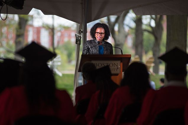 A photo of Mayor Kim Janey speaking at the Umoja Rites of Passage pre-commencement ceremony held on BU Beach