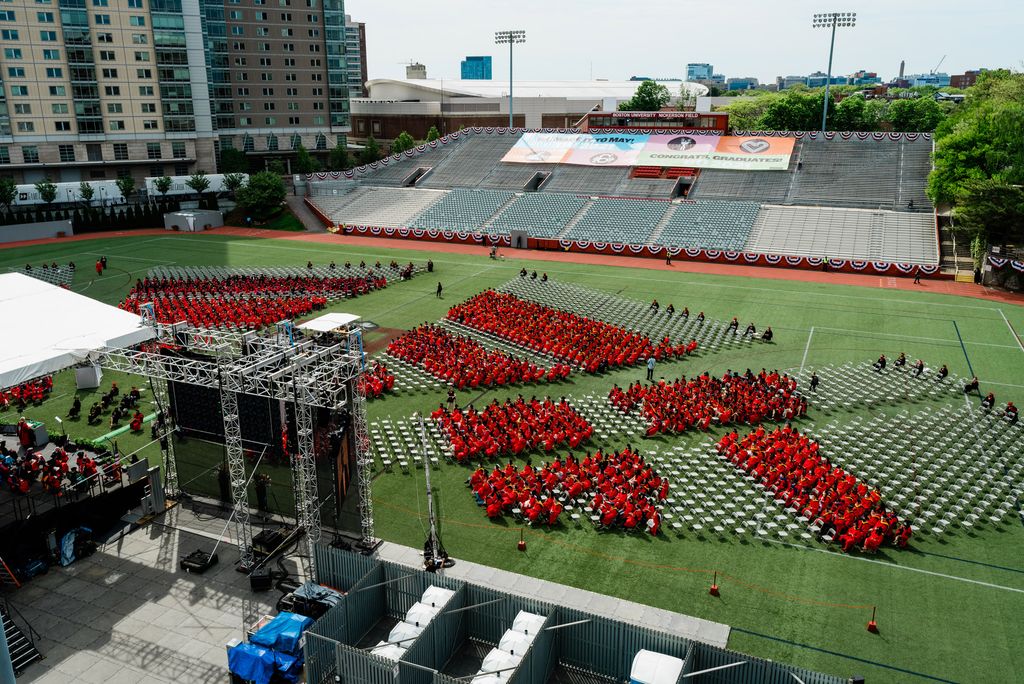 A photo of Nickerson Field showing the socially distanced layout of Commencement 