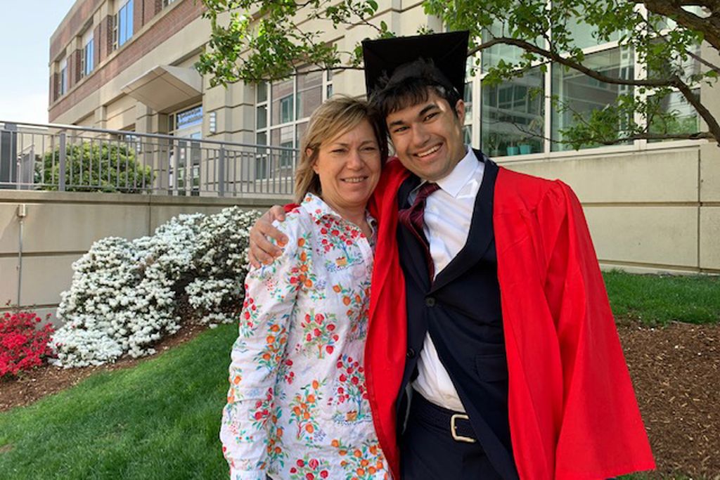 Adrienne Quirolo with her son, Alexander Puri (COM’21), on campus