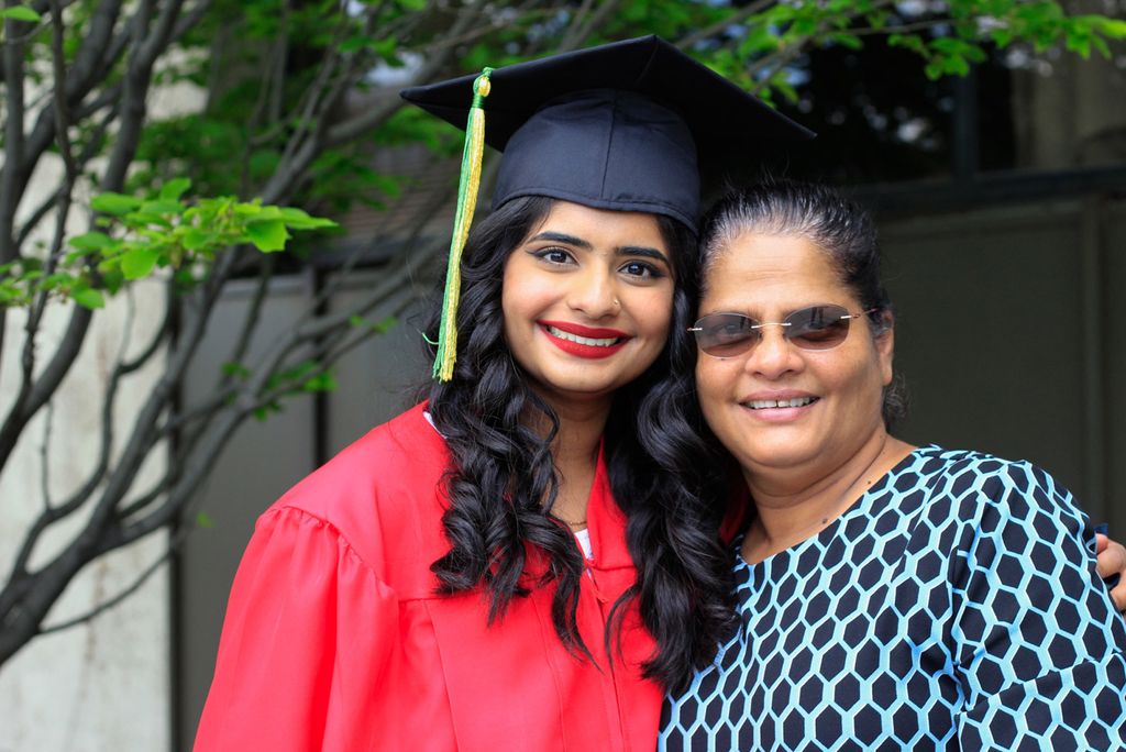 Ash Alvares with her daughter, Shasha Alvares (Sargent’21), on Comm Ave before the ceremony