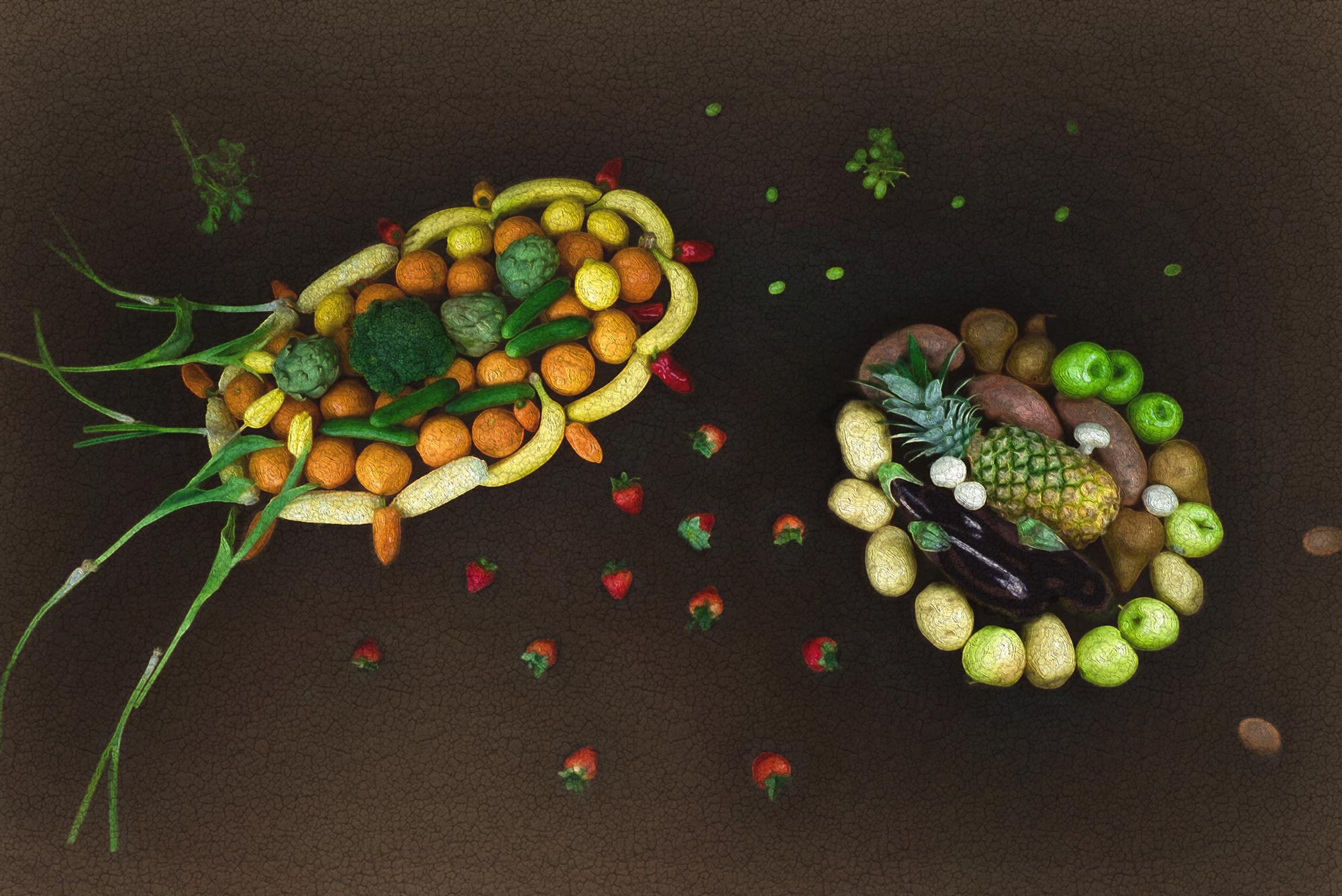 A photo of food shaped to look like microbes