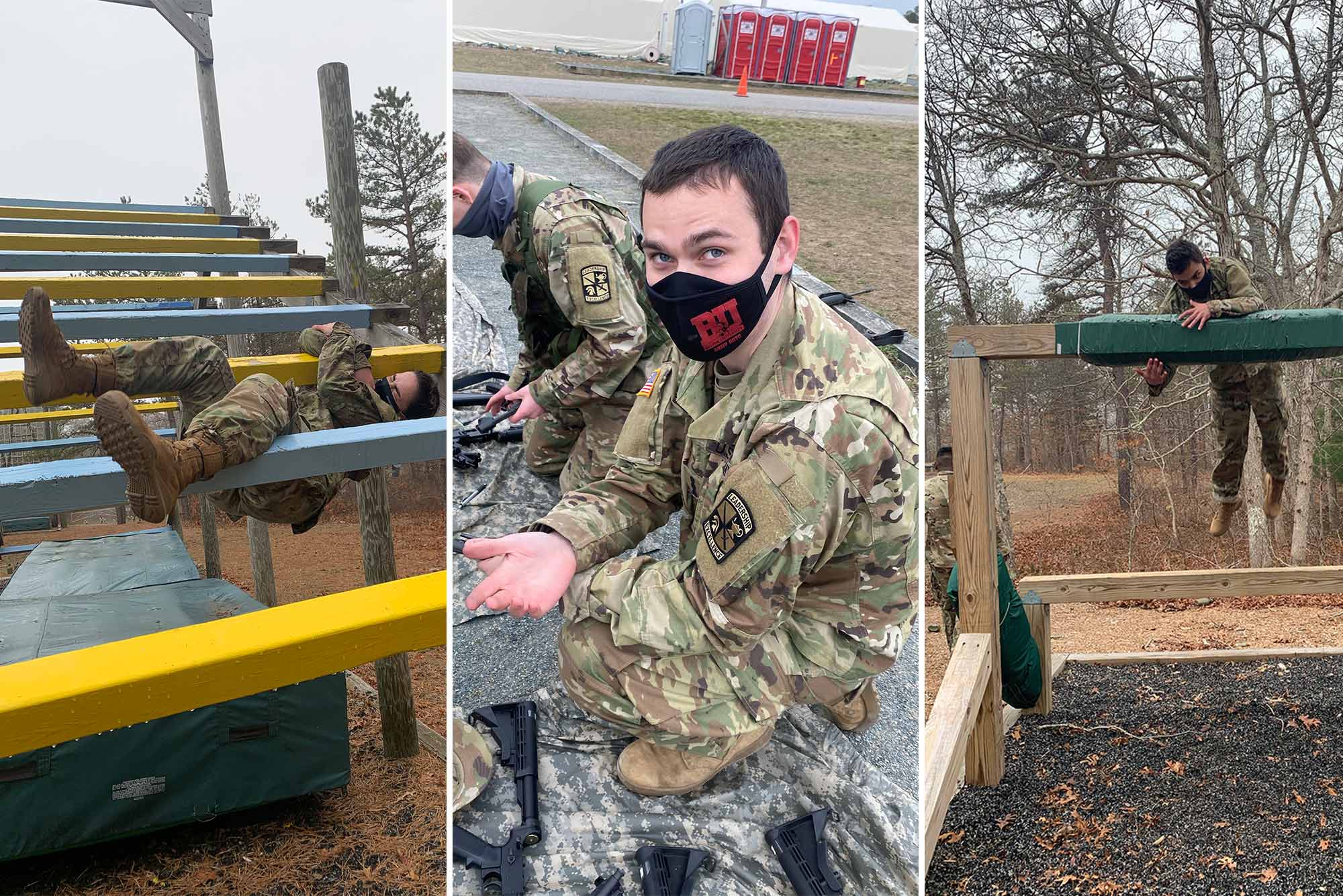 Composite image comprised of photos CDT Theresa Peterson, CDT Andrew Dillon, CDT Peter Quiros. Each student is in full camouflage soldier gear, and they wear black masks. Peterson is seen during a climbing drill, Dillon is seen explaining something as he kneels down near gun parts, and Quiros is seen climbing over a wooden post with a green mat.