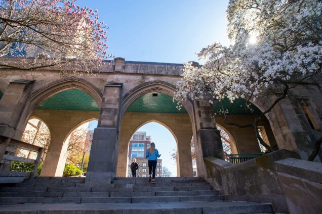 Photo of the arches to the right of Marsh Chapel leading towards the BU Beach. The trees have spring flowers and two people are seen walking through the arches.