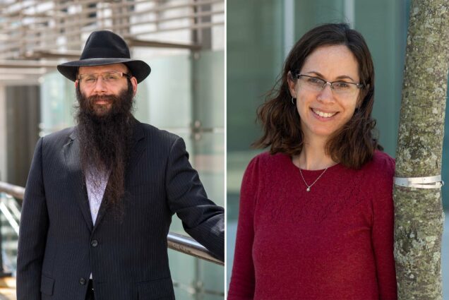 Composite photo of Binyoman Abrams, a CAS master lecturer in chemistry (left), wearing a black suit and black hat, and Pamela Templer, a CAS professor of biology, wearing a red sweater and leaning against a tree.