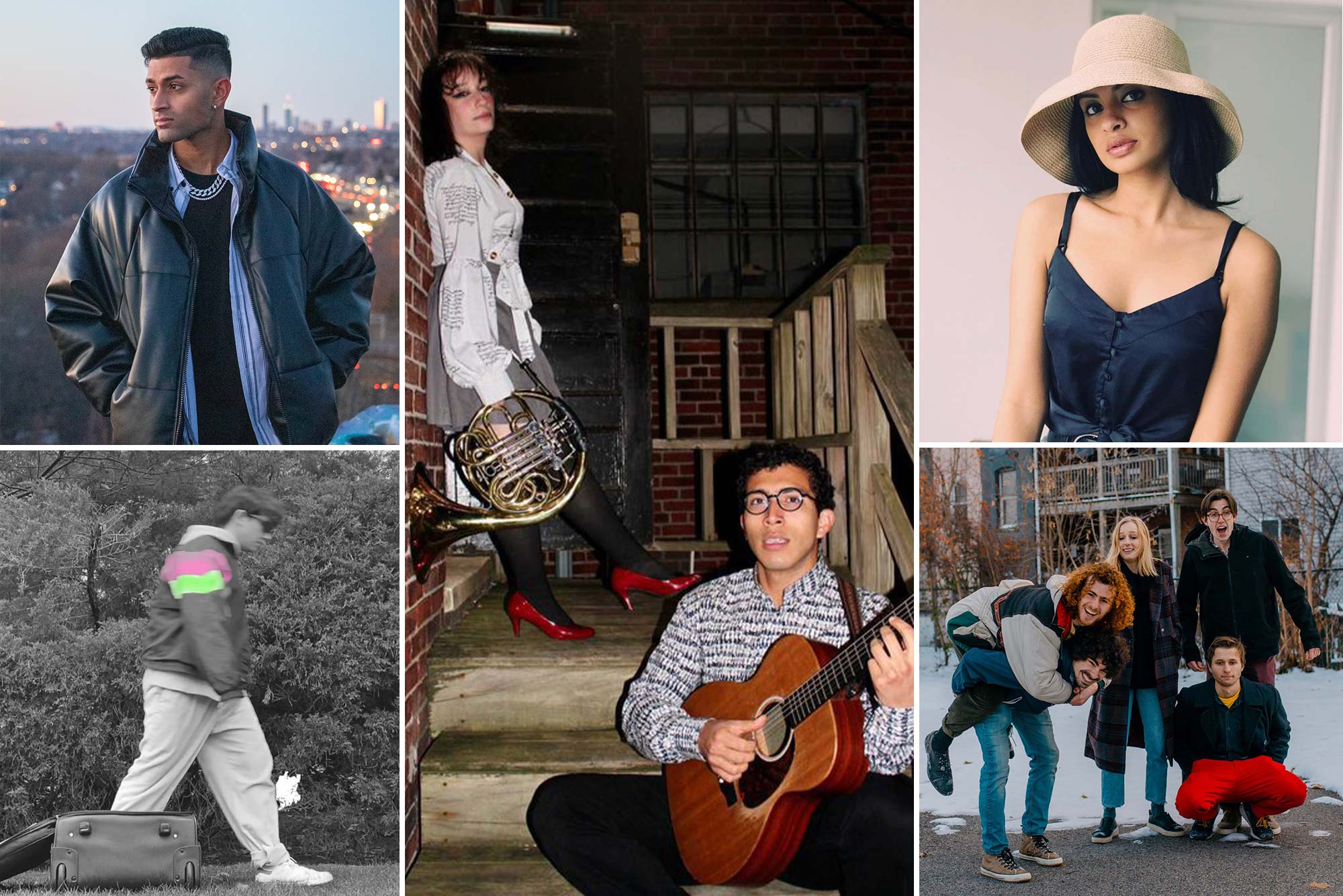 Composite image of Musical artists (left to right clockwise ) Abhinav Penumudi (Sargent’21) aka AyBV; Alicia Donlon (CFA’24) and Sebastian Ortiz (Questrom’21) of the indie-folk duo SLAM; singer-songwriter Radha Rao (Questrom’21); Virginia-based alternative artist Dan Legare (aka Leggs); and Boston indie-rock band Faxi Moto.