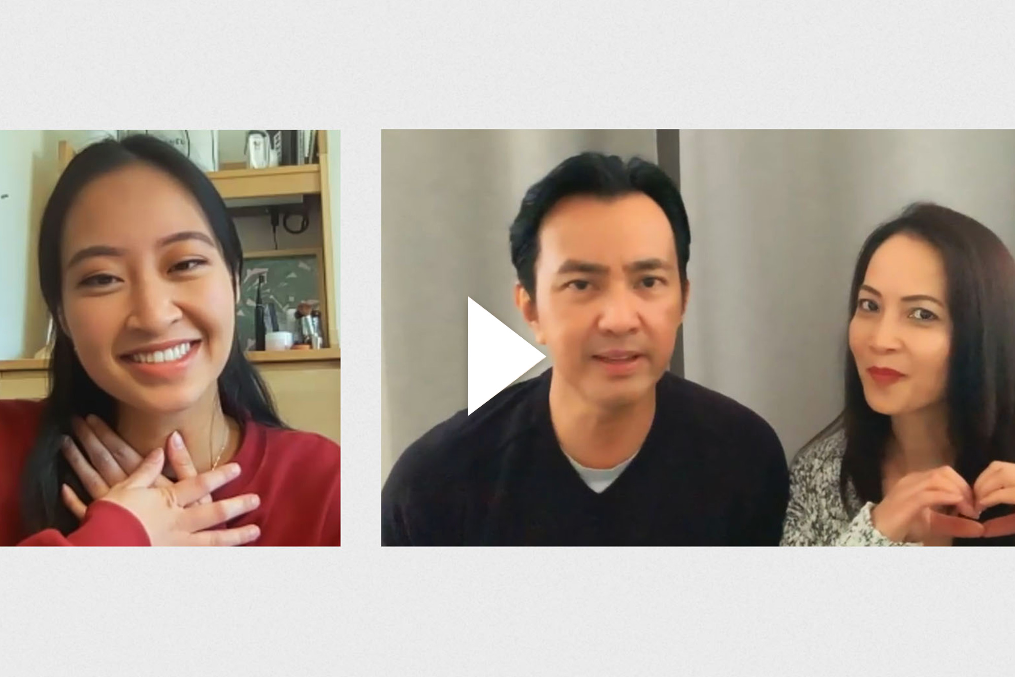 Screenshots of Chloe Torres (Questrom'21) and her parents in California, taken as Chloe watches the video sent in by her parents. Chloe brings her hands to her chest and smiles, and her mom makes a shape of a heart with her hands. Video play button is overlaid.