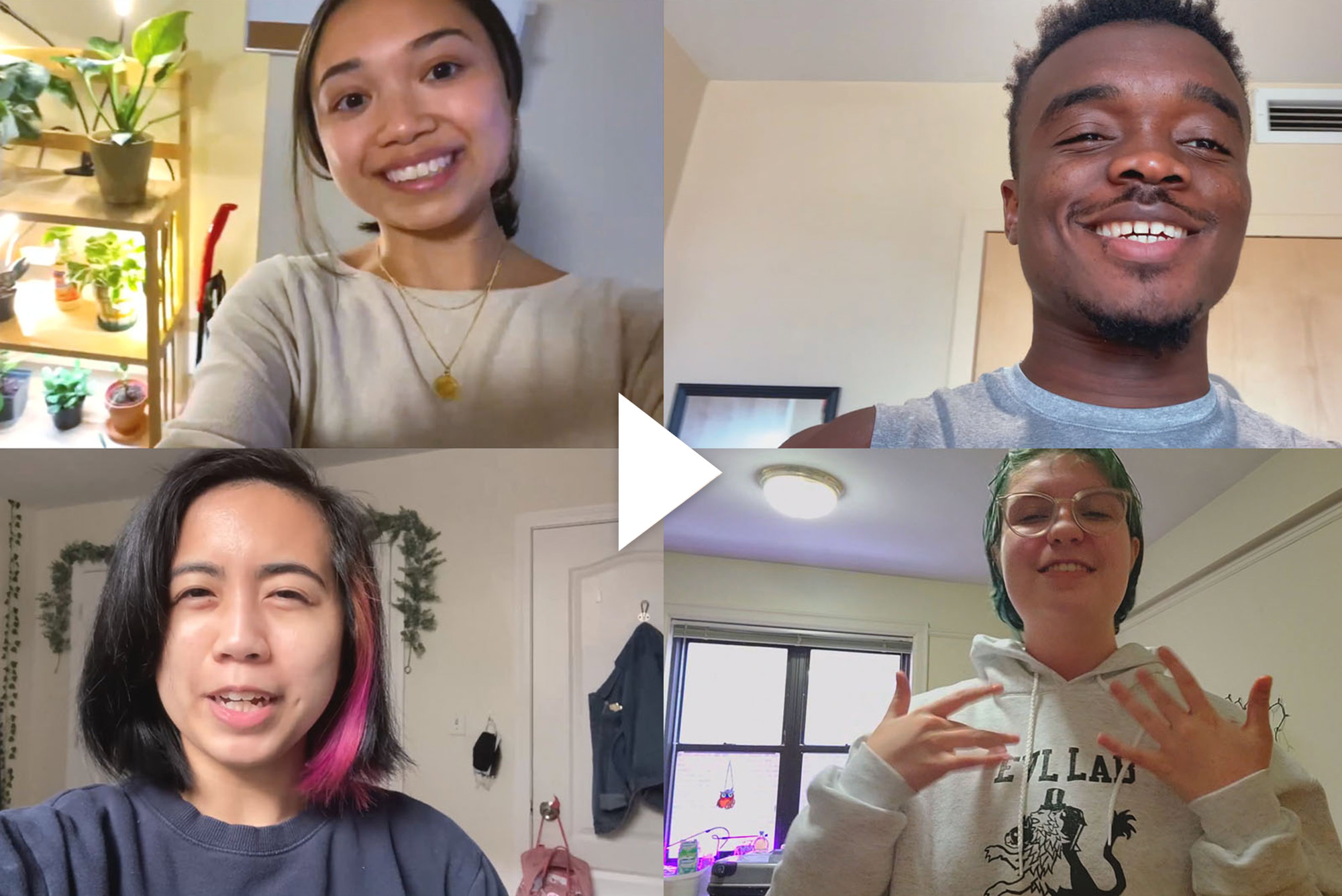 Composite image with screenshots of four Boston University seniors who participated in the video. A white video play button is overlaid.