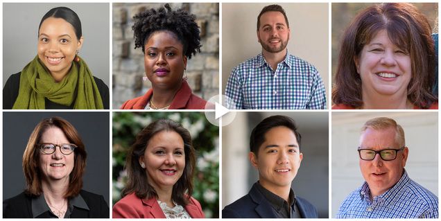 Composite image showing headshots of Boston University staff members Amanda Miner, Keesa McKoy, Brian Batista, Barbara Foley, Renee Spencer, Ira Lazic, Matthew Bae, and Bill Taylor with a video play button icon