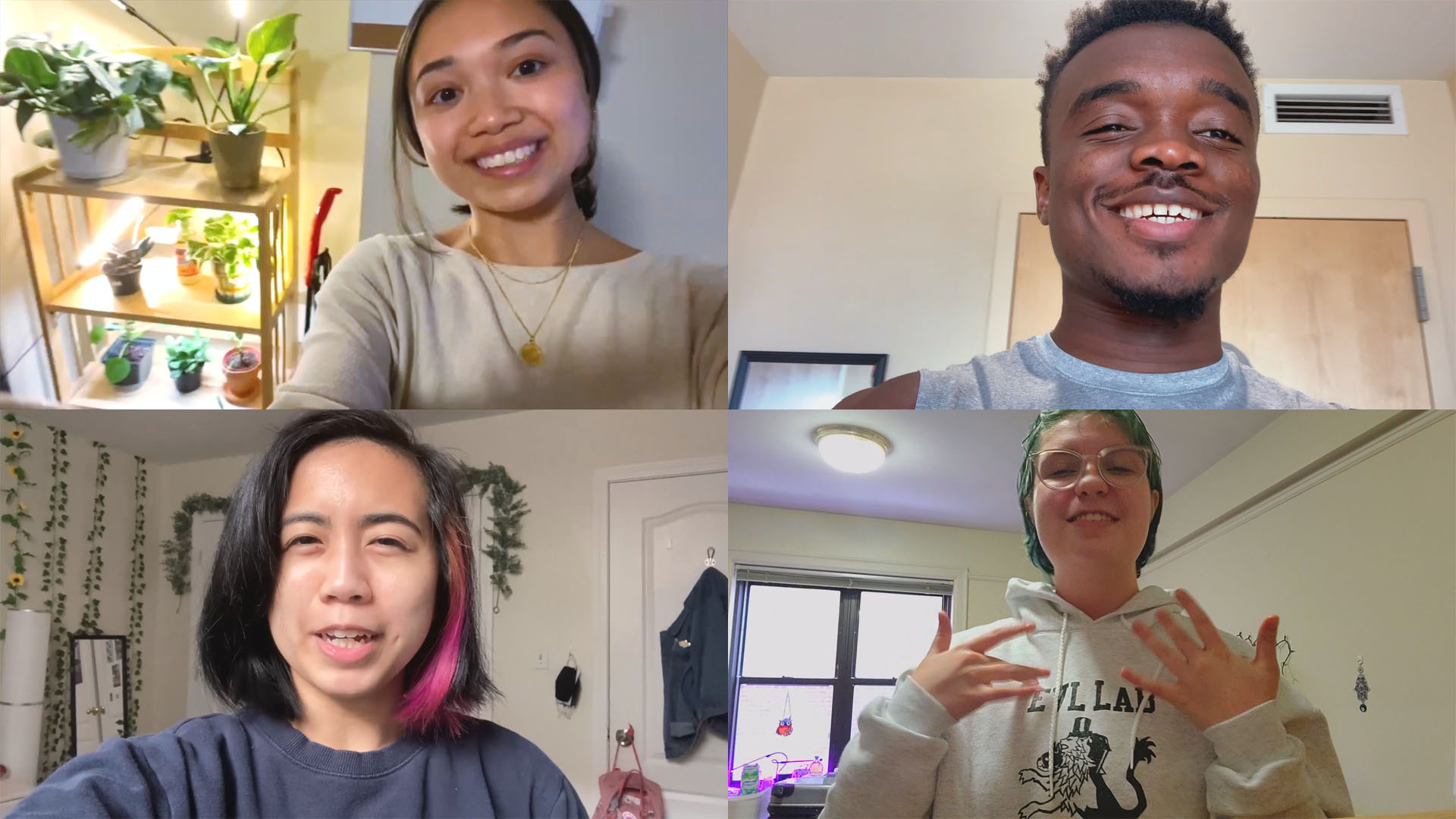Composite image with screenshots of four Boston University seniors who participated in the video.